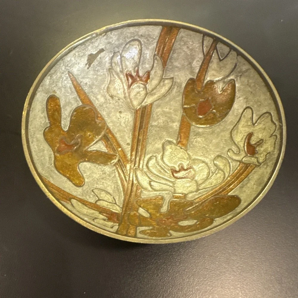 Vintage‎ Brass Pedestal Bowl Enamel w/ Flowers 5